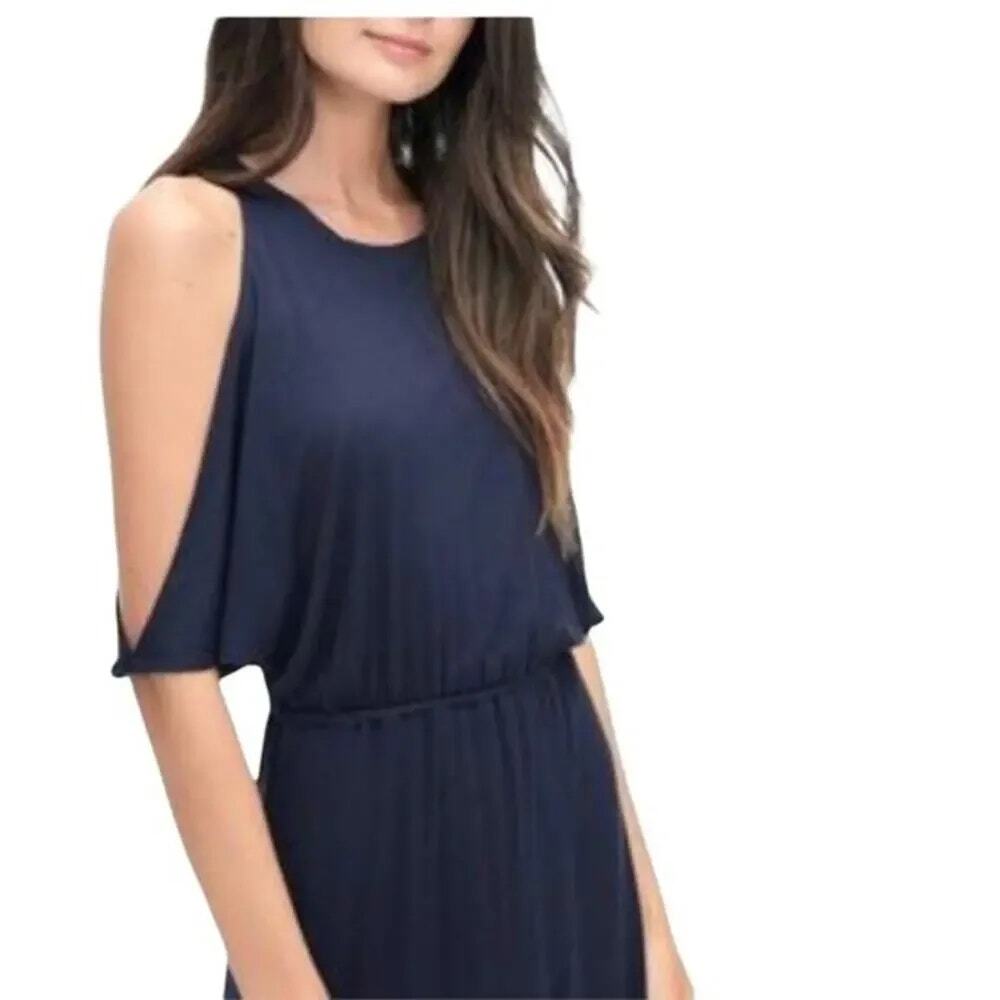 NWT Splendid Navy Blue Cold Shoulder Faux Wrap Midi Dress Women's Size Medium